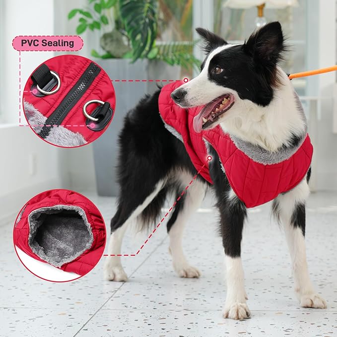 Warm Fleece Dog Coats with Durable Harness Buitl in D-Ring,Waterproof Puppy Jacket for Small Dogs,Dog Vest for Cold Winter,Red S