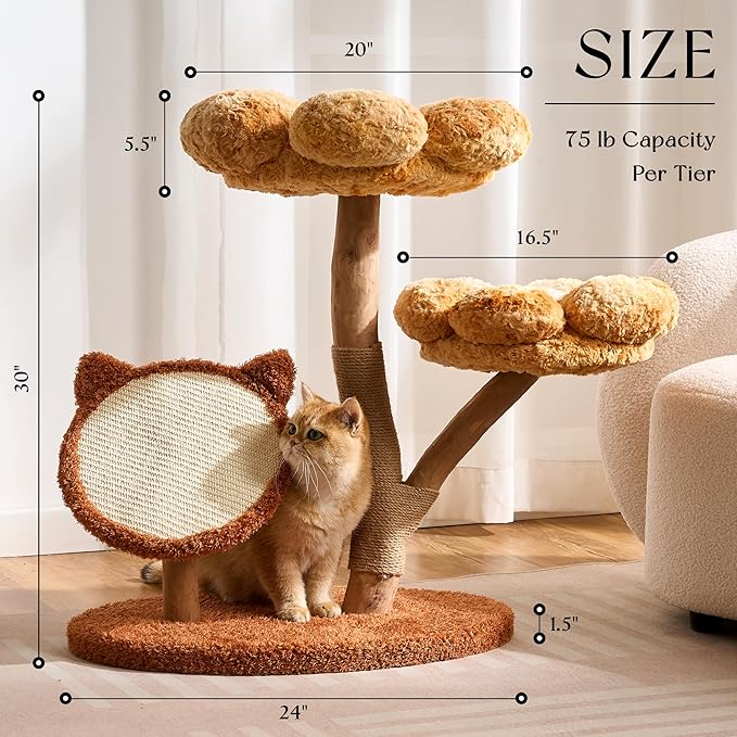 797Audio Natural Wood Flower Cat Tree, Modern Cat Tower with Real Solid Wood Branch, Luxury Aesthetic Cat Tree with Scratching Post,Scratch Pad,Cat Tree Tower for Indoor Large Adult Cats,Autumn Yellow