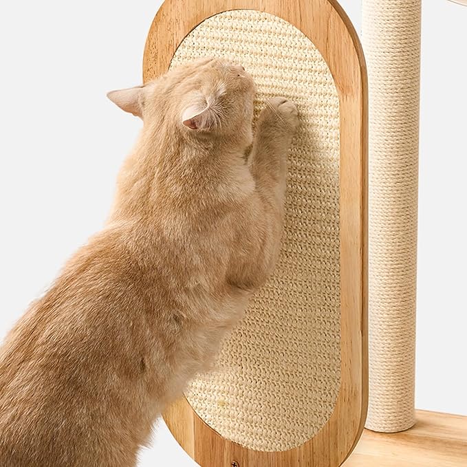 Solid Rubber Wood Modern Cat Tree with Scratching Posts Cat Scratching Ball and Board Washable Easy Clean for Large & Multi-Cat Homes