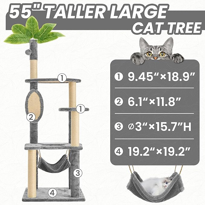 61" Large Cat Tree Tower for Indoor Cats with DIY Green Leaves Scratching Post Multi Soft Hang Ball Plush Cat House Furniture 360° Rotating Cat Scratch Board with Hammock, Square Grey