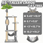 55 Inch Large Cat Tree Tower for Indoor Cats with Hammock Green Leaves Sisal Scratching Post, Plush Hang Ball Play Furniture for Kittens & Adult Cats,Grey