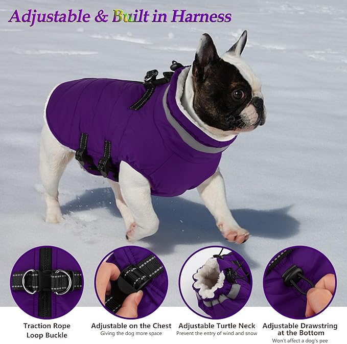Dogcheer Dog Coat with Harness, Waterproof Dog Jacket Adjustable Pet Winter Coat with Zipper, Christmas Puppy Snow Jacket Fleece Sweater for Small Medium Large Dogs - Purple XS