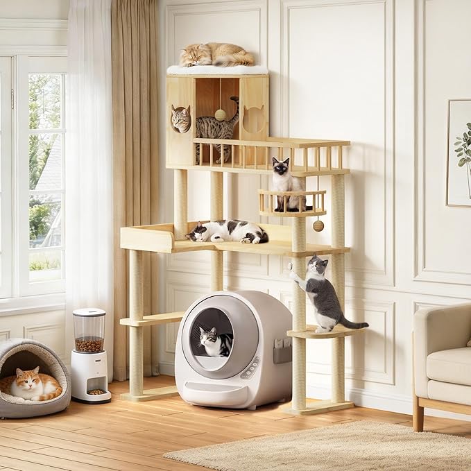 Corner Cat Tree for Automatic Litter Box, 61'' Tall Wood Cat Tower for Self Cleaning Litter Box, Cats Tree for Indoor Cats Large Adult, 6-Level Solid Wood Cat Furnitue w/12Pcs Scratching Post