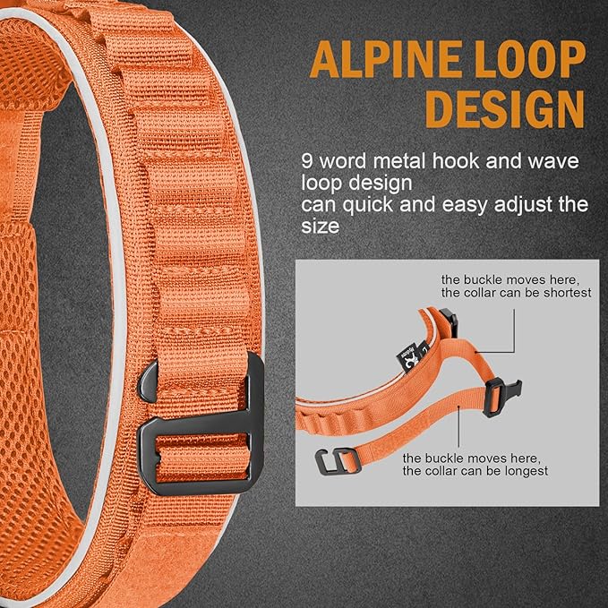 HYDEME Tactical Dog Collar, Alpine Loop Adjustable Military Training Nylon Dog Collars with Handle and Reflective for Small Medium Large Dogs, with Airtags Protective Case & Patches.(M,Orange)