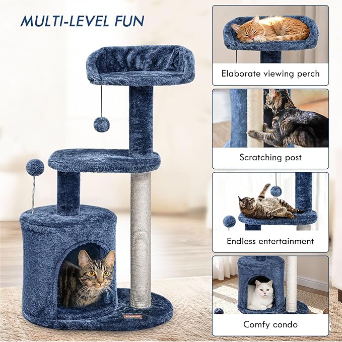 ClevaHome 33.5" Small Cat Tree Tower for Indoor Cats, Modern Kitten Condo with Sisal Scratching Post and Hanging Ball for Play, Denim Blue