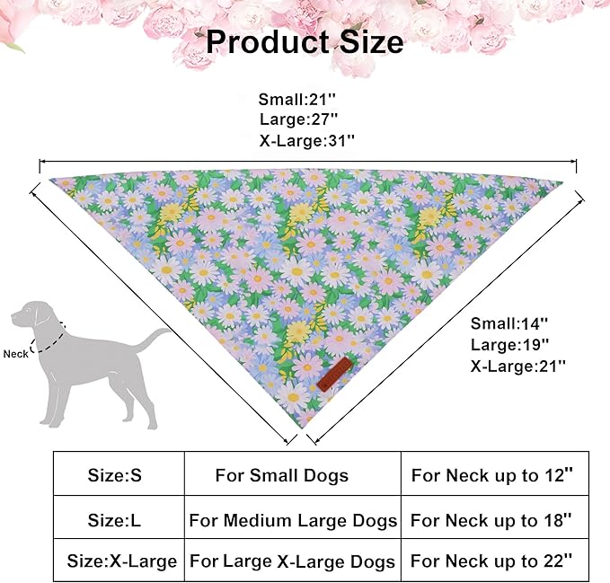 ADOGGYGO Floral Dog Bandanas, Spring Summer Daisy Pet Scarf, Premium Fabric, Purple Pink Flower Bandanas for Small Dogs (Small)