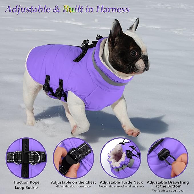 Dogcheer Dog Coat with Harness, Waterproof Dog Jacket Adjustable Winter Coat with Zipper, Christmas Puppy Snow Jacket Fleece Sweater for Small Medium Large Dogs - Taro Purple M