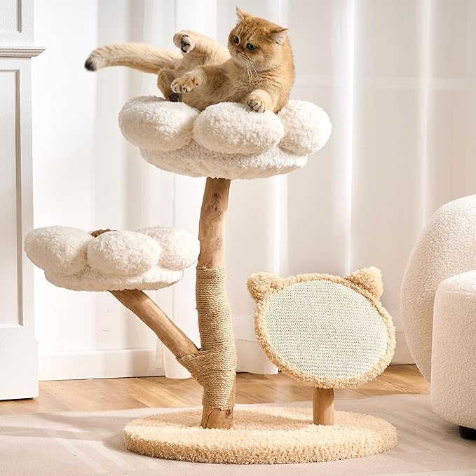 797Audio Natural Wood Flower Cat Tree, Modern Cat Tower with Real Solid Wood Branch, Luxury Aesthetic Cat Tree with Scratching Post, Scratch Pad, Cat Tree Tower for Indoor Large Adult Cats,Cloud White