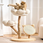 797Audio Natural Wood Flower Cat Tree, Modern Cat Tower with Real Solid Wood Branch, Luxury Aesthetic Cat Tree with Scratching Post, Scratch Pad, Cat Tree Tower for Indoor Large Adult Cats,Cloud White