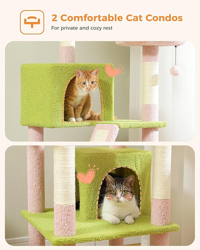PEQULTI 71'' Cat Tree for Indoor Cats with Big Hammock, Tall Cat Tower for Large Cats with 2 Cat Condo, 2 Soft Top Perch, Scratching Posts and Pad, Pink