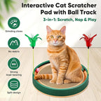 20-Inch Round Cat Scratcher Bed with Ball Track – 3-in-1 Interactive Cardboard Scratching Pad with Feather Toy & Non-Slip Base – Great for Indoor Cats, Active Kittens & Large Breeds (Green)