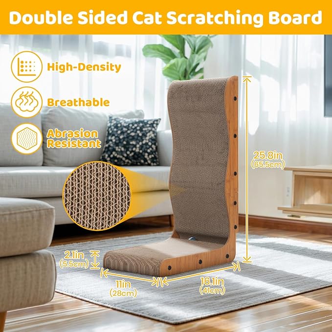 Happy & Polly L Shape Cat Scratcher - 25.8 Inch Vertical Cat Scratching Board with Ball Toy for Indoor Cats - Cardboard Cat Scratch Pad Protecting Furniture