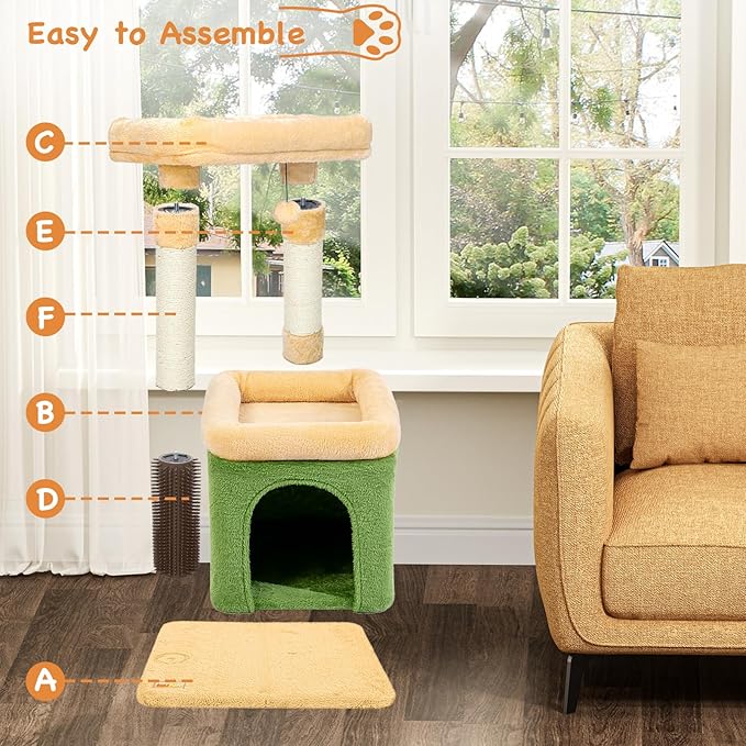 Small Cat Tree for Indoor Cats, Cat Scratching Post with Condo, Tower, Plush Cozy Perch, Massage Brush, Activity Hanging Pompoms for Kittens (Green)