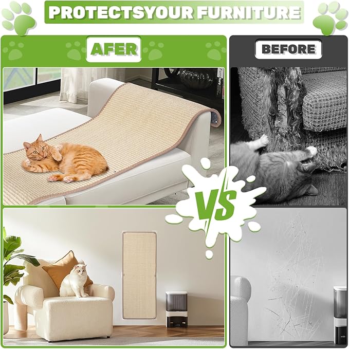 Natural Sisal Cat Scratching Mats 1 Pack, Cat Scratch Furniture Protector,Wall Mounted Wall Climbing Carpet, Horizontal Cat Scratcher Rugs for Furniture Protection, 39.3" Lx15.7 W, Sisal Color