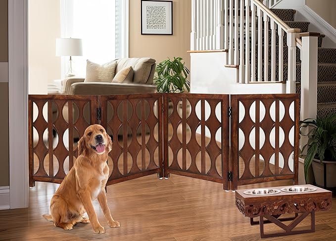 Wooden Foldable Pet Dog Safety Gate - 4 Panels Arc 20 W x 24 H- Hand Carved Solid Wood & MDF- Free Standing Portable Indoor Doorway Hall Stairs Puppy Fence -Fully Assembled- Cinnamon Brown -IRONGATE