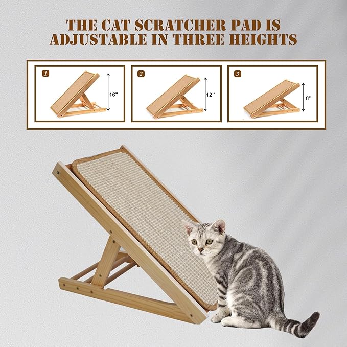 Sisal Cat Scratcher Ramp,Tilted Natural Wood Vertical Scratcher Pad for Cats with Sisal Scratching Board Durable Adjustable Height Pet Scratching Pads for Indoor Dogs Kitten Holding up to 80LBS