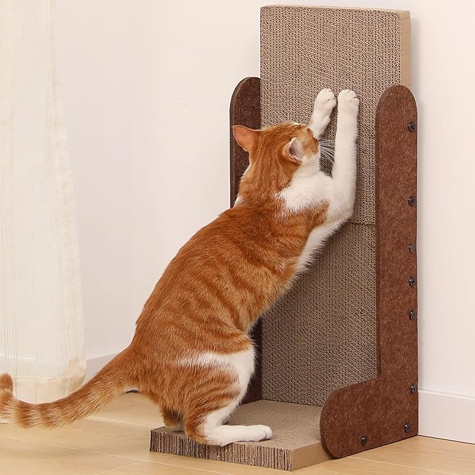 FUKUMARU Cat Scratcher, 26.8 Inch L Shaped Cat Scratch Pad Wall, Modern Cardboard Cats Scratching Board for Indoor Cats, Felt Vertical Scratching Post, Furniture Protector (Caramel)