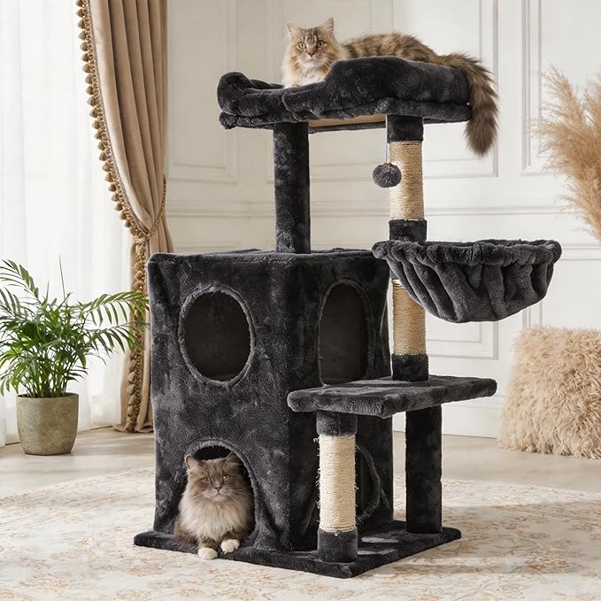 Cat Tree Tower for Indoor Cats, 36-inch Adult Cat Tree House for Large Adult Cats with Steps, Scratching Post, 2 Cat Condo, Dangling Toys, Dark Grey