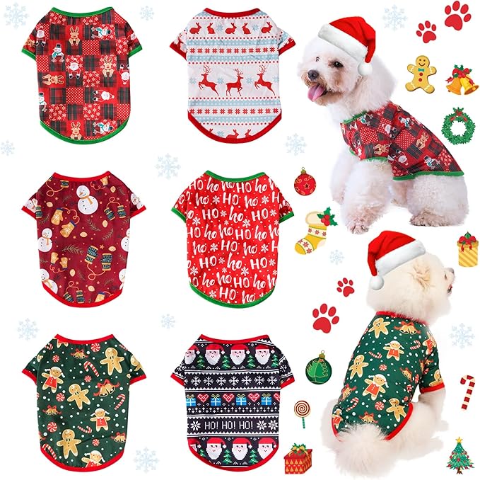 6 Pieces Christmas Dog Clothes for Small Dogs, Soft and Breathable Pet Shirt, Winter Puppy Kitten Vest Printed Dogs Shirts, Christmas Snowman Santa Claus Reindeer Dog T-Shirts for Pet Cats