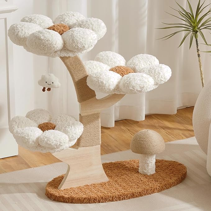 Modern Cat Tree Tower for Indoor Cats Large Adult, 37 inch Flower Cat Tree with Scratching Post, Luxury Aesthetic Cat Tree with Cloud-Soft Flower Perches and Physical Mouse-Sound Hanging Toy