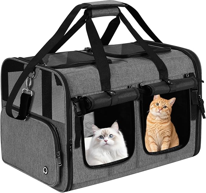 Cat Carrier for 2 Cats, Foldable Double Cat and Dog Carrier, Small to Medium Size, 2 Front Zippered Compartments,Two Pets Carrier for Travel,Mulitple Cat Carrier (Dark Gray with Flat Pocket)