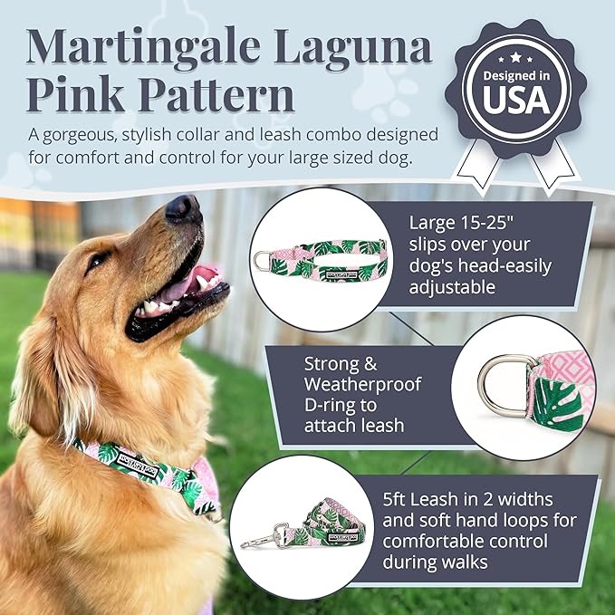 Lucky Love Dog Martingale Dog Collar & Leash - Adjustable, No-Slip, Durable, Comfortable, Soft Webbing, & Stylish Patterned Collar & Leash Set for Male and Female Dogs - Laguna Mart Combo, Large