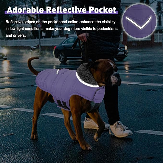 Dog Coat, Waterproof Dog Winter Jacket with Pocket, Reflective Adjustable Pet Snow Vest, Warm Cozy Fleece Sweater for Small Medium Extra Large Dogs - Light Purple, S