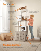 Feandrea Cat Tree with Litter Box Enclosure, 70.1-Inch Tall Cat Tower, 2-in-1 Modern Condo with Scratching Posts, Perch, Caves, Basket, Washable Cushion, Heather Greige UPCT116G01