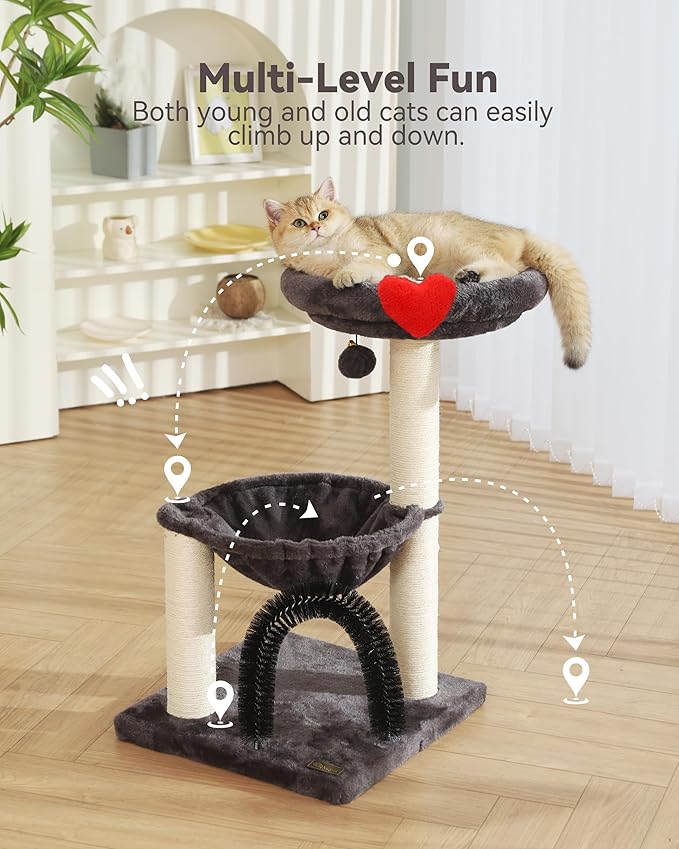 27.8" Small Cat Tree Tower for Indoor Cats, Multi-Level Cute Cat Tree with Scratching Post| Plush Hammock| Perch| Replaceable Cover| Groomer Brush| Dangling Ball for Kittens Play & Rest