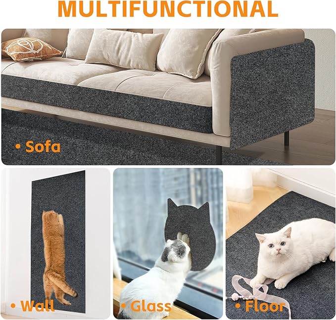 100"x16" Cat Scratch Protector Cat Anti Scratch Furniture Mat Carpet Trimmable Self-Adhesive Pad Strong Viscose Couch Protector Dark Grey
