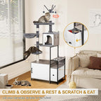 Snughome Cat Tree with Litter Box Enclosure, 3-in-1 Modern Cat Tower for Indoor Cats, 67.32’’ Hidden Cat Litter Box Furniture with Cat Condo, Food Station and Hammocks, All-in-one Cat Furniture
