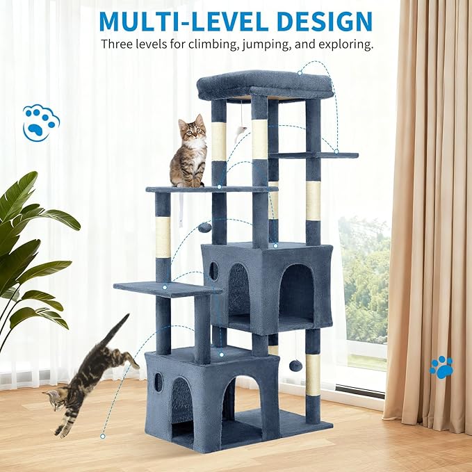 61" Multi-Level Cat Tree Tower for Large Indoor Cats & Maine Coons – Extra-Large Perch, Spacious Condos, Durable Sisal Scratching Posts, Play Toys, Stable Modern Activity Center - Light
