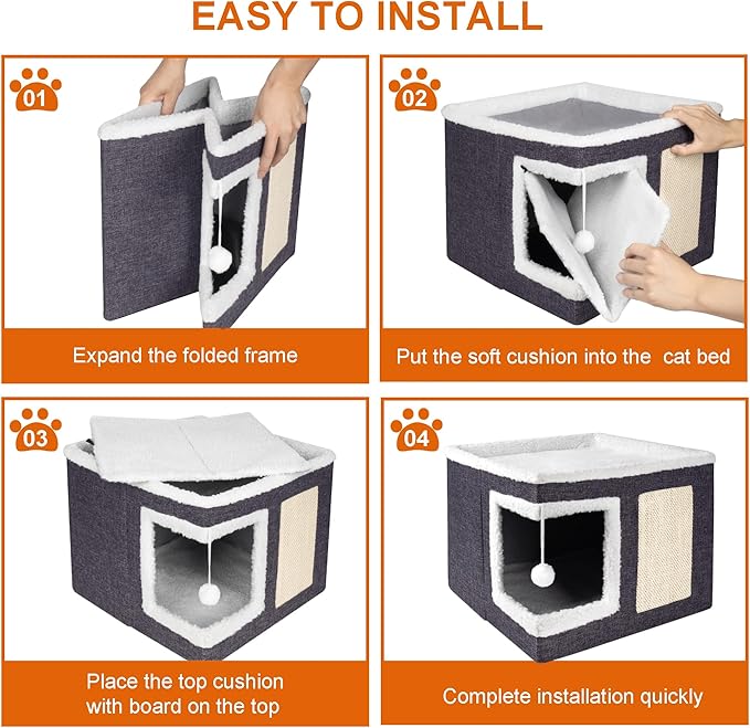 2 Pack Cat Houses for Indoor Cats - Large Cat Bed Cave with Scratch Pad and Fluffy Ball, Foldable Cat Hideaway Condo with Reversible Cushion for Multi Small Pet, Dark Grey