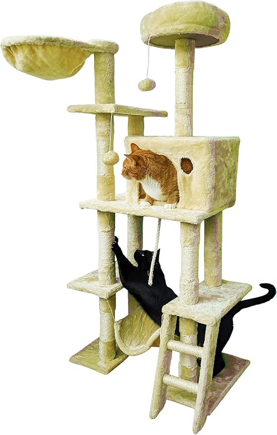 Beige Cat Tree Tower for Indoor Cats & Kittens, 57" Tall Multi-Level with Comfy Perch & Basket, Hideaway Condo, Sisel Scratcher Posts & Ladder, Ball Toys, & Dangling Rope - by SciencePurchase
