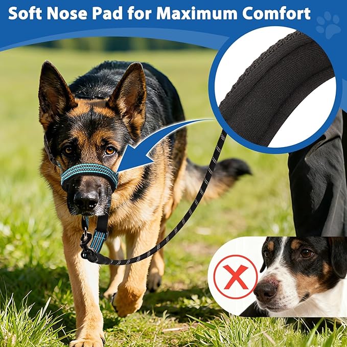 BARKLESS No Pull Dog Head Collar for Gentle Training Walking, Soft Padded Head Halter with Collar Safety Clip, Comfortable Fit Muzzle Leash with Reflective Strap for Medium Large Dog (Blue, M)