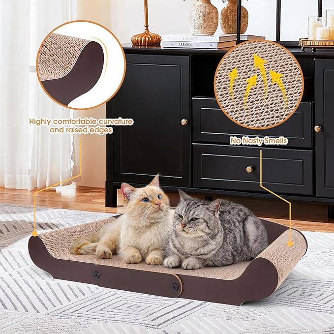 27.6'' Cardboard Cat Scratcher Bed - Extra Large Scratching Couch for Indoor Cats - Lounger Scratch Box with Cat Teaser Wand Toy and Catnip