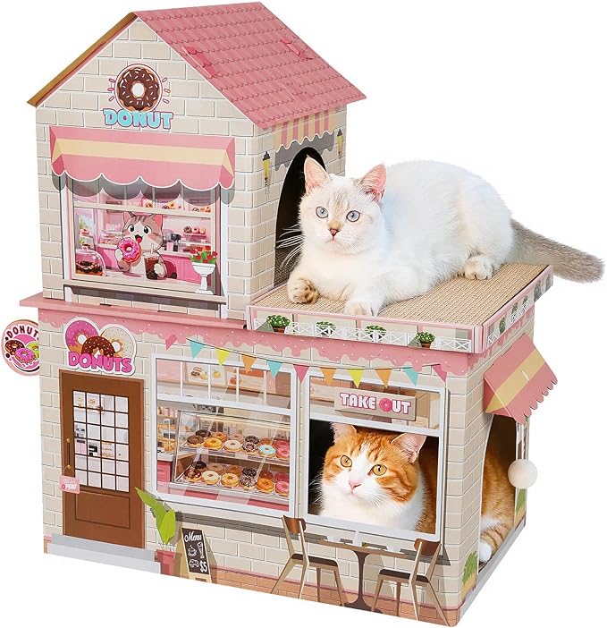 Cardboard Cat Houses for Indoor Cats - Kitten Scratcher Houses & Condos, Donuts Themed Hut Hideout Play House Bed with Scratching Pads, Scratch Box for Large Kitty Rabbit Bunny Small Animals