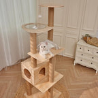 61'' Tall Real Solid Wood Cat Tower with Space Capsule Cat Bed, Top Bed with Toy Ball,Sisal Scratching Posts, Multi Cat Tree for Large Cats 20 lbs Heavy Duty