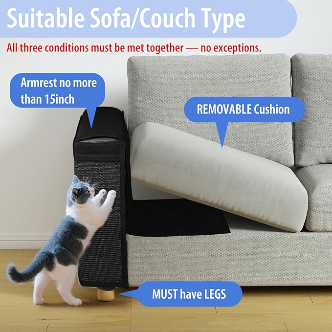 Reversible Cat Scratch Couch Protector Made of Natural Sisal for Ultimate Furniture Protection,Couch Protector from Cat Claws,Couch Corner Cat Scratcher, Universal Fit Both Sides(Black,1-Pack)