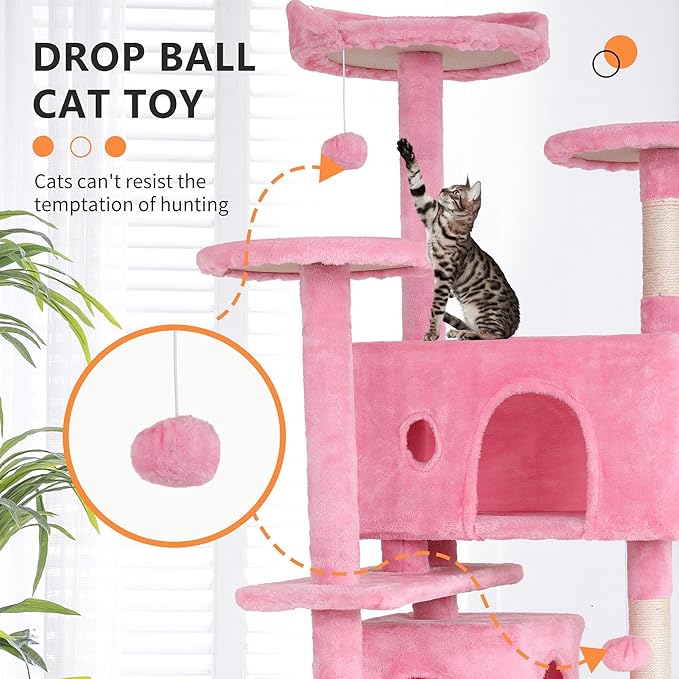 Heavy Duty Cat Tree, 70 Inch Tall Tower With 3 Top Perches Platforms & 2 Cozy Condos, Climbing Tower With Ladders & Sisal Pole, Scratching Tree for Large Cats Play House, Pink