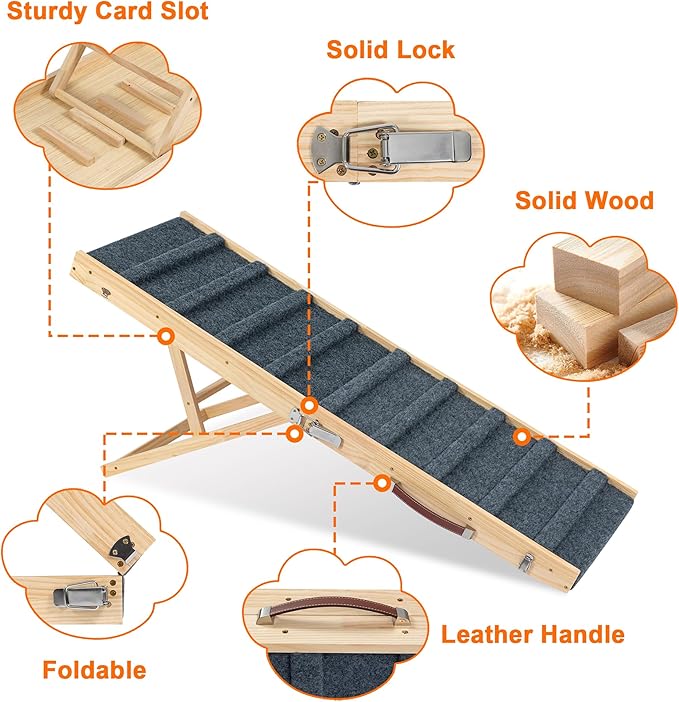 Clikuutory 2025 Upgraded Dog Ramp for Couch, 51.2" Foldable Small Dog Ramp for Bed, 5 Adjustable Height from 14" to 28", Portable Stable Pet Steps with Anti-Slip Carpet for Low Bed Couch Stairs, Wood