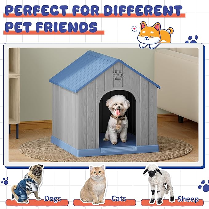 Bifanuo Dog House Outdoor Indoor, Plastic Small Dog House-Weatherproof Design with Air Vents & Elevated Floor for Small to Medium Dogs, Easy Clean and Assemble (Blue)