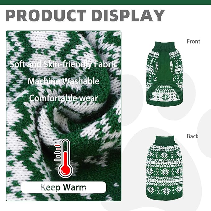 KOOLTAIL Cable Knit Dog Sweater Turtleneck, Cold Weather Pullover Classic Knitwear, Snowflake Pattern Thick Warm Winter Pet Clothes, Dog Christmas Sweater for Small Medium Large Dogs Cats, Green L