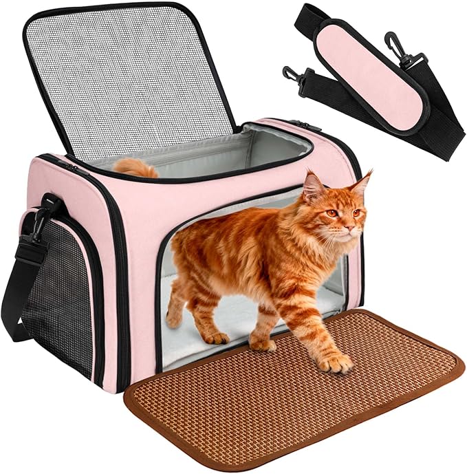 Cat Carrier Dog Carrier - Soft-Sided Cat Carrier with Plush Pad & Cooling Mat, Easy-Load 4-Side Zipper & 3-Side Mesh Ventilation, Pet Carrier Airline Approved for Cats/Dogs Up to 16 lbs, Pink
