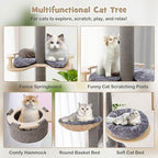 PETSITE Floor to Ceiling Cat Tree with 93”-107” Adjustable Height, 5-Tier Wooden Cat Climbing Pole with Scratching Post, Cozy Hammock and Basket Bed, Floor to Ceiling Cat Tower