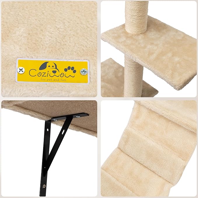 5 Pcs Wall-Mounted Cat Climber Set, Wood Indoor Cat Shelves with Perches, Ladder, Cat Condo House, Scratching Board and Cat Tree, Wall Shelves Furniture (Beige)
