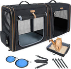 Lekereise Extra Large Cat Carrier for 2 Cats, 2-in-1 Cat Travel Carrier with Litter Box, (20.85" x2) x19.7"x19.7" Pet Carrier with Zipper Locks for Moving Across The Country (No Hammock) - Black