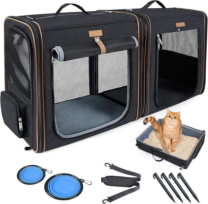 Lekereise Large Cat Carrier for 2 Cats, 2-in-1 Cat Travel Carrier with Litter Box, (17.7" x2) x16.5"x13" Pet Carrier with Zipper Locks for Moving Across The Country (No Hammock) - Black
