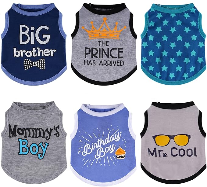 Sadnyy 6 Pack Winter Dog Shirt Boy Pet Clothes Doggy Tee Tank Top Kitten Shirts with Letters for Small Medium Dogs Cats Soft Cozy Chihuahua Vest Apparel for Dog Cat Puppy(Small)