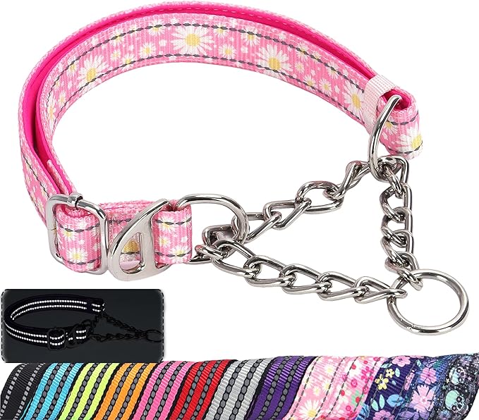 Martingale Collar for Dogs with Pink Daisy,Reflective Nylon Adjustable No Pull Dog Training Chain Collar Training, Walking, Hunting for All Breeds(Pink Daisy M)